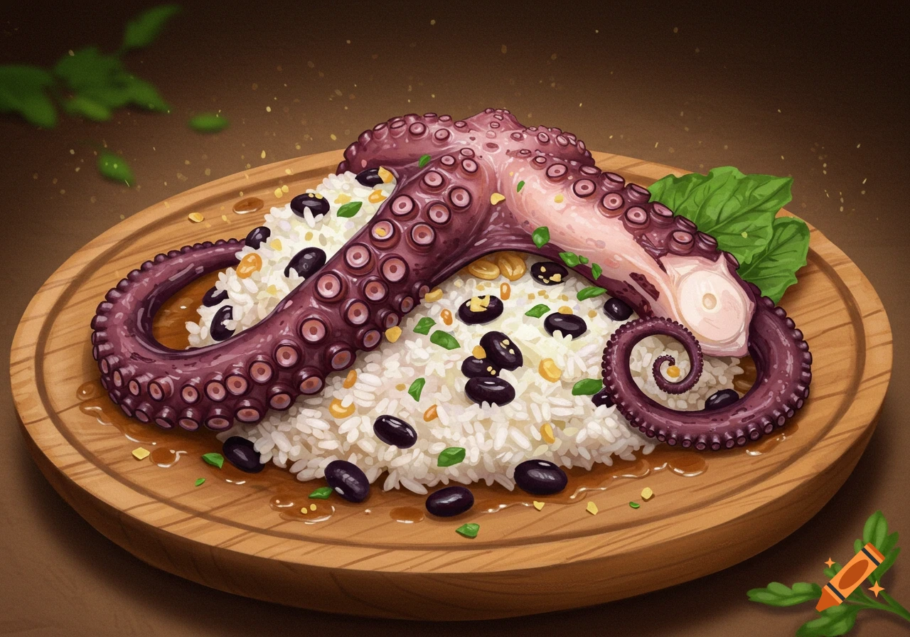 Stylized illustration of a whole cooked octopus served over a bed of white rice and black beans on a wooden plate.