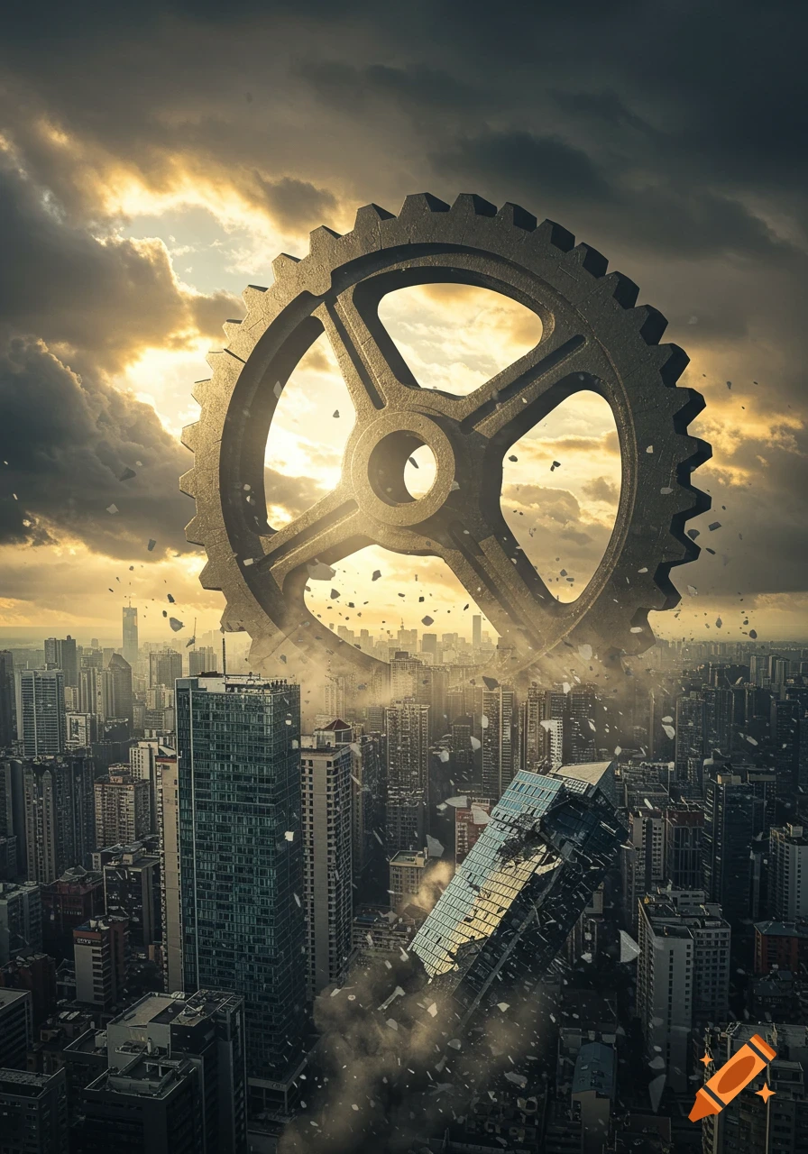 A giant cog hovers over a city with buildings crumbling and debris flying under a dramatic, cloudy sky.