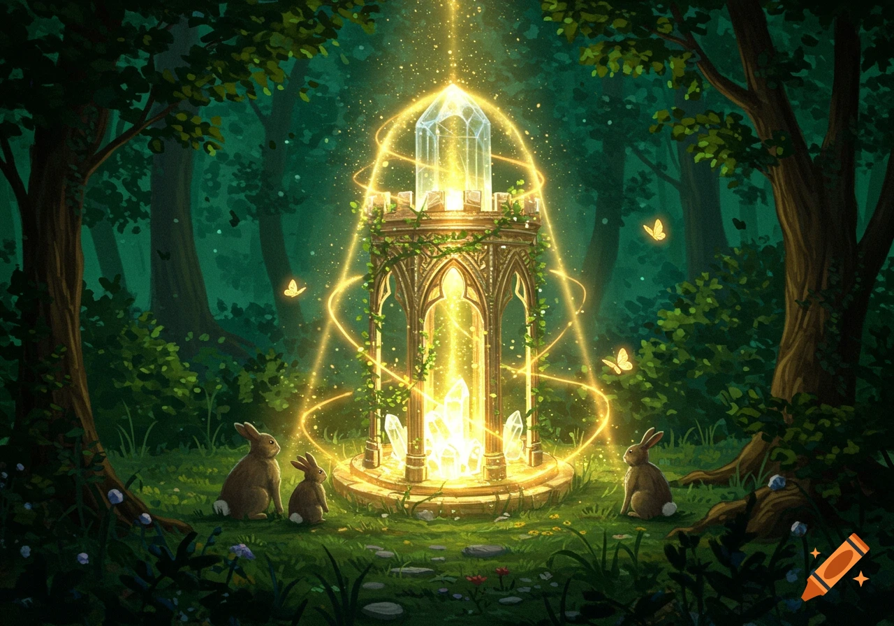 Three rabbits observe a glowing crystal turret emitting golden light in an enchanted forest with luminous butterflies, digital painting.