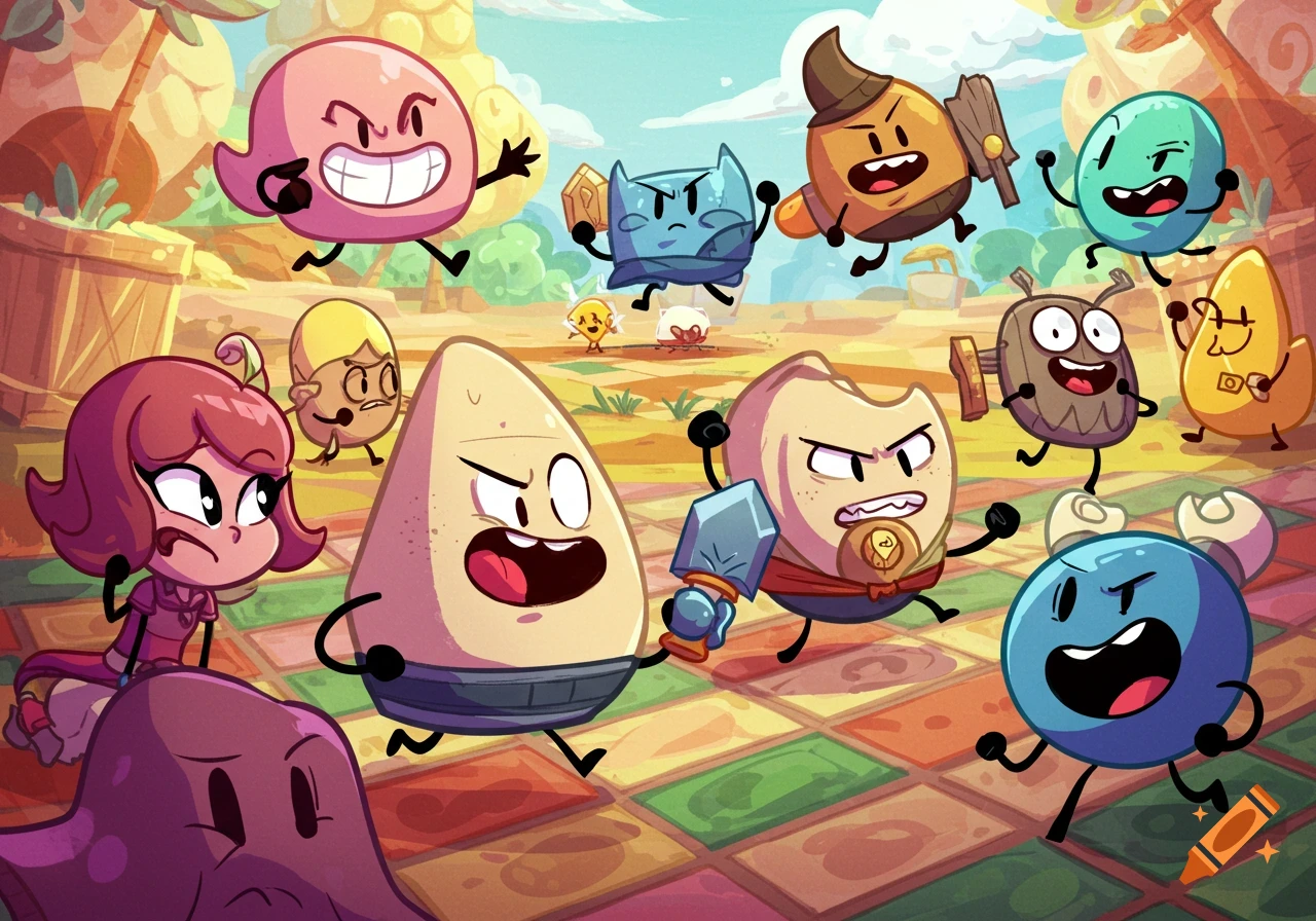 A vibrant cartoon illustration of several object-like characters with faces and limbs running in a stylized outdoor setting.