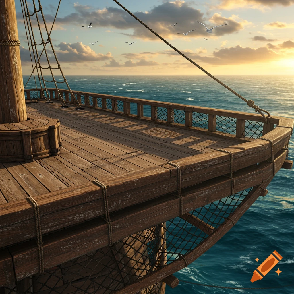 Close-up of a wooden ship's deck and bow railing looking out at a calm blue ocean with a bright sky and seagulls.