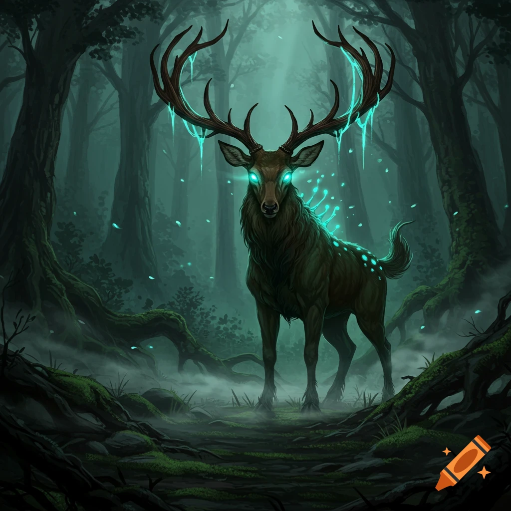 A mystical deer-like creature with glowing teal antlers and spots stands in a dark, ethereal forest.