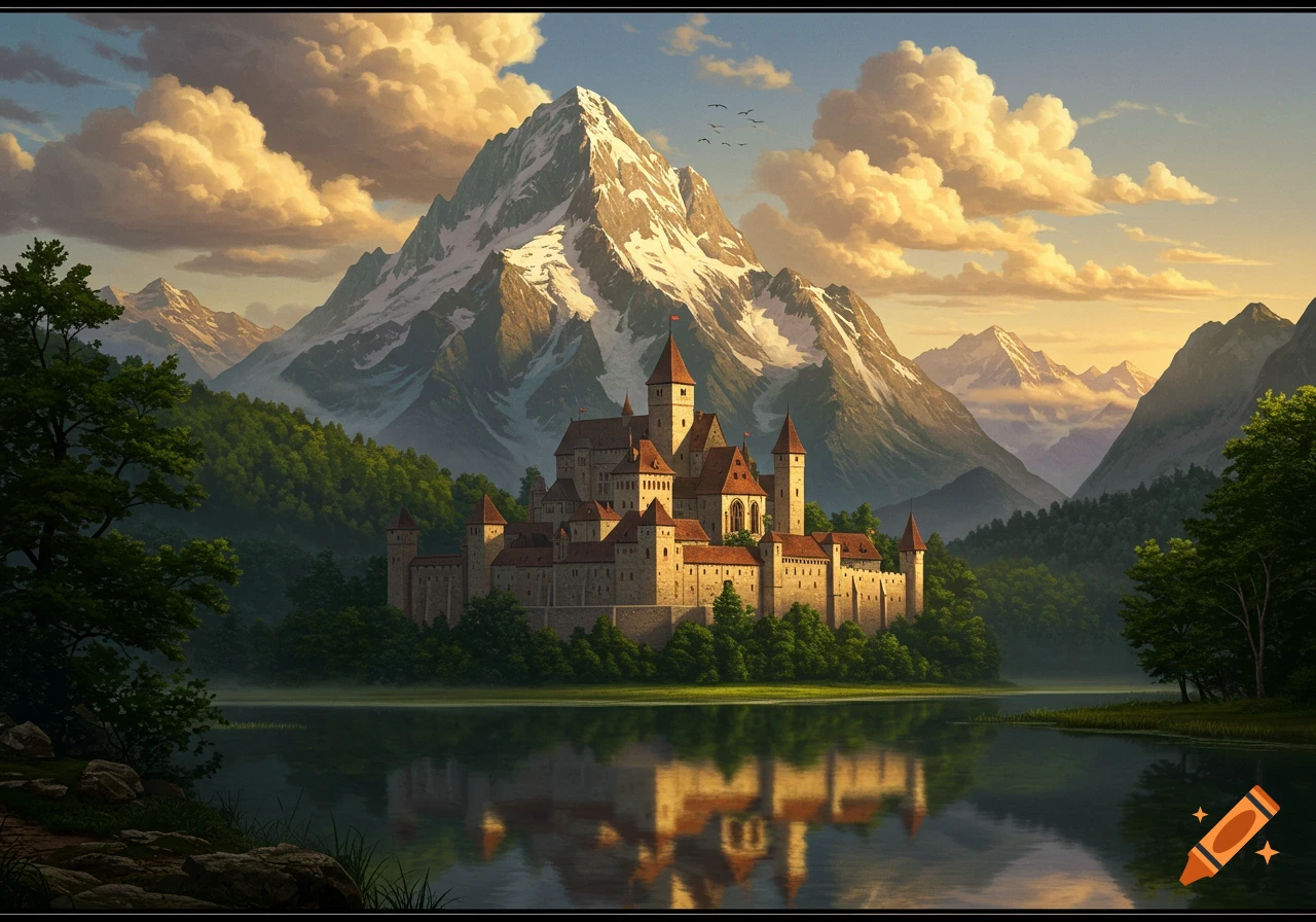 A majestic castle with red roofs sits by a serene lake, at the base of a towering, snow-capped mountain, surrounded by lush forests.