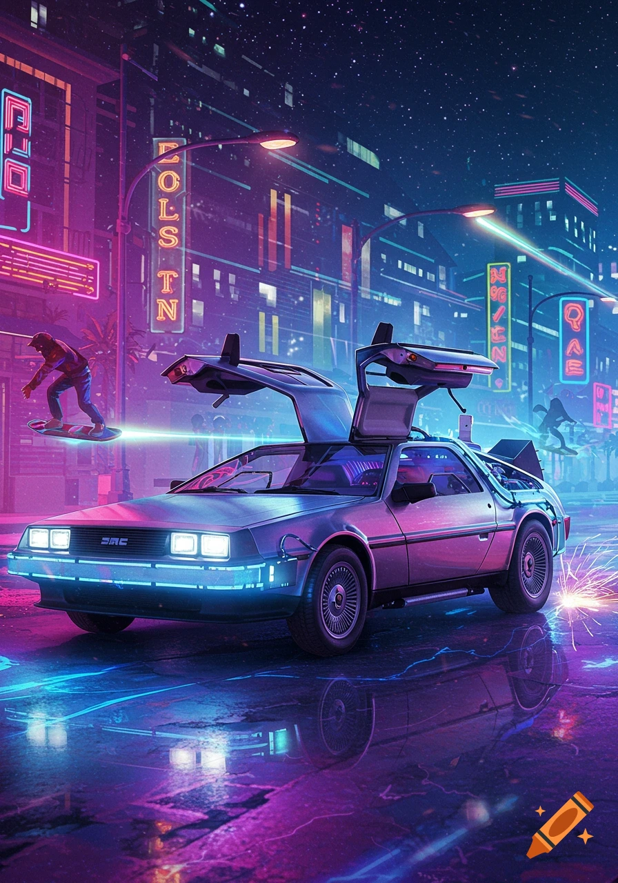 A glowing DeLorean with gull-wing doors open on a neon-lit street in a futuristic city at night, with a person on a hoverboard nearby. Cyberpunk style.