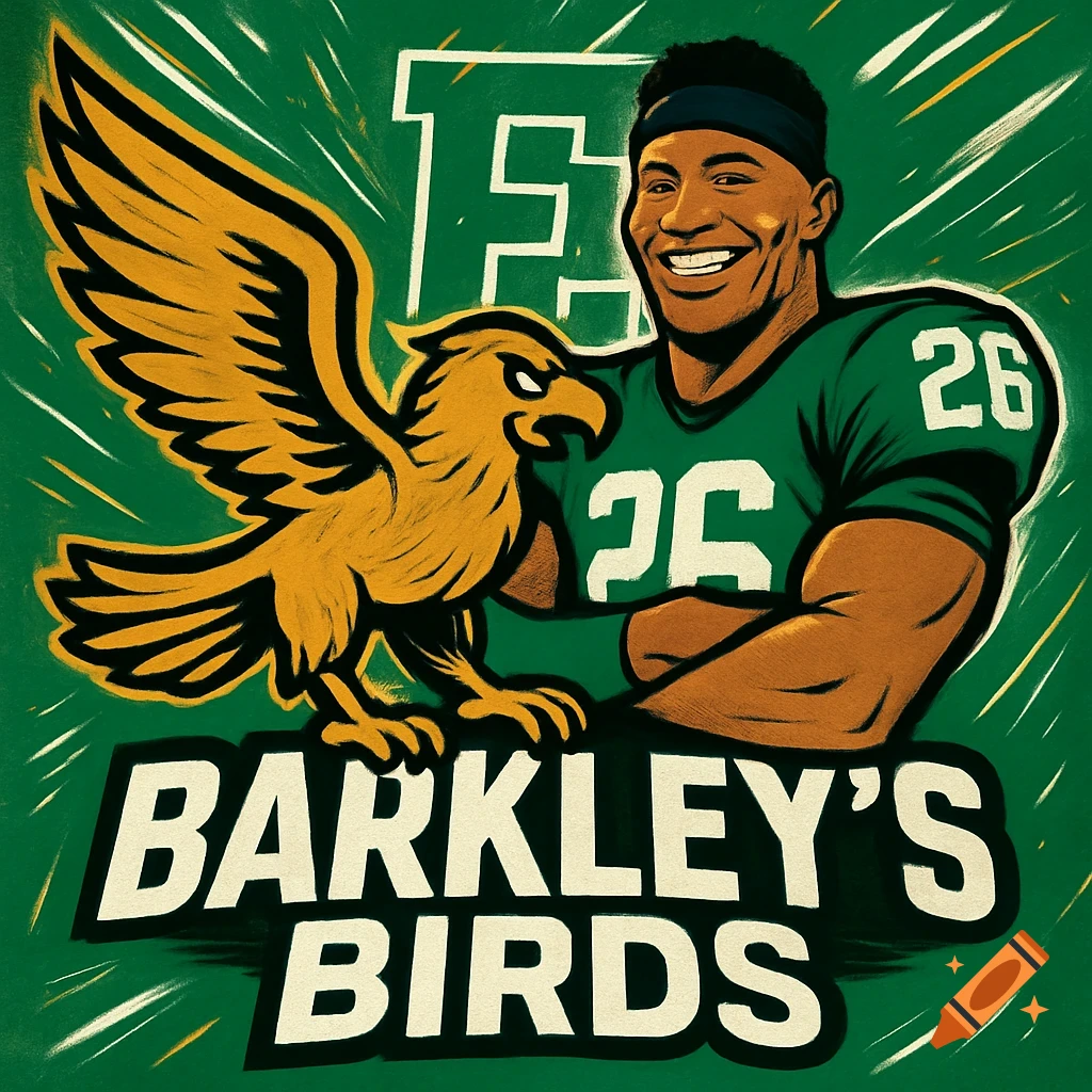 Cartoon logo featuring a smiling football player in a green jersey with number 26, an angry golden eagle, and the text "BARKLEY'S BIRDS" against a green background.