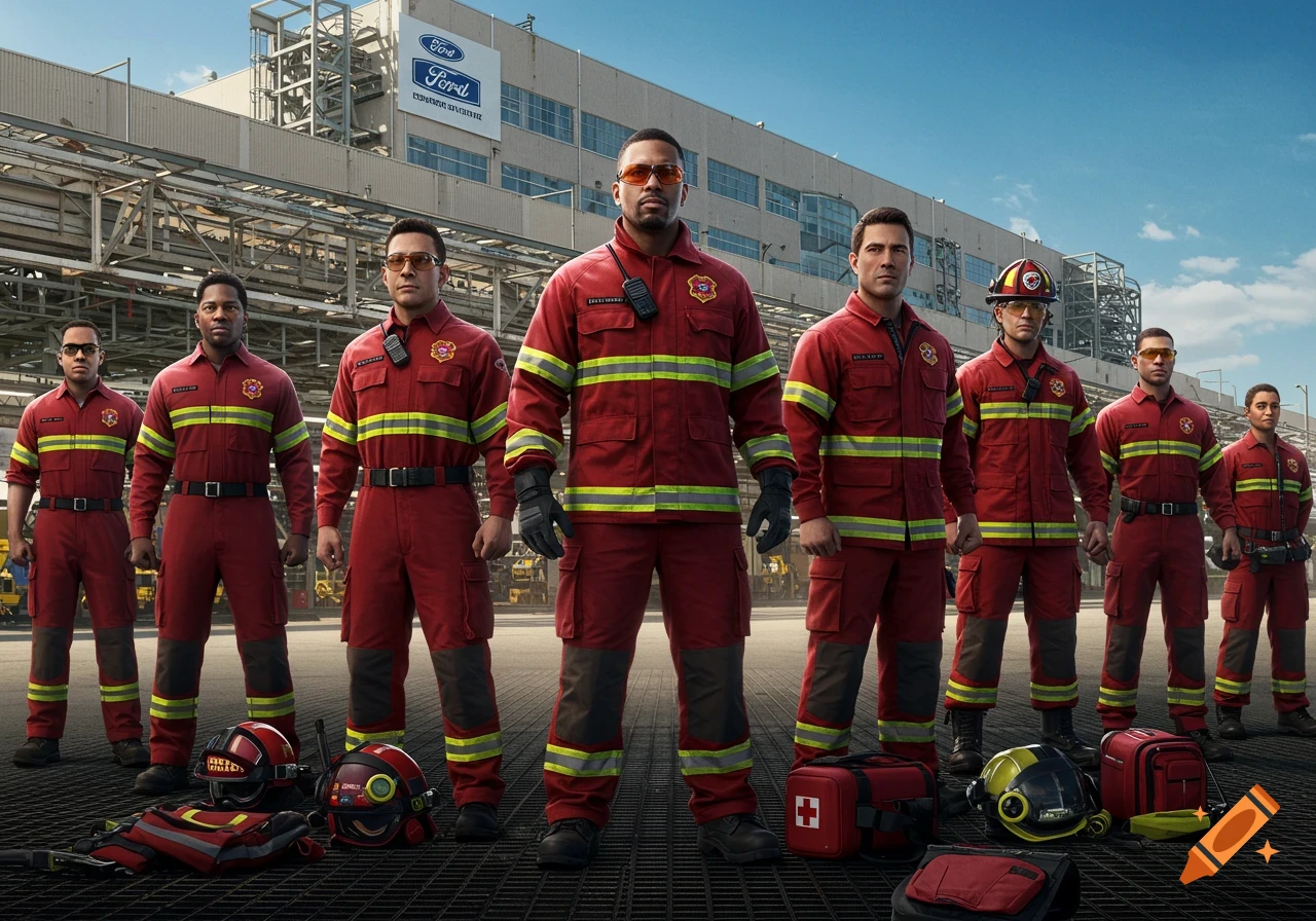 A group of diverse emergency response team members in red uniforms stand in front of a large industrial building with a Ford logo.