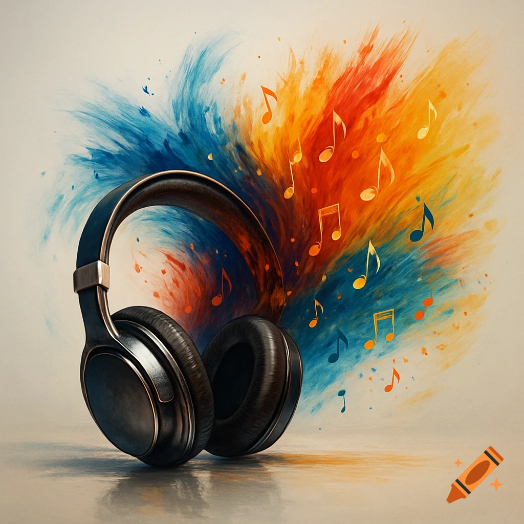 Black headphones with vibrant blue, orange, and red paint splashes and floating musical notes.