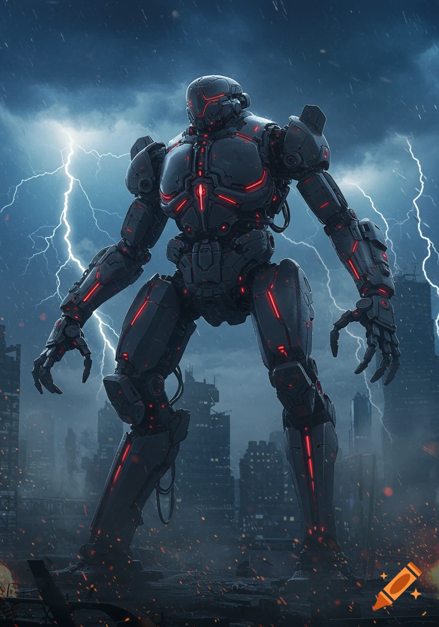 A menacing dark mecha robot with glowing red accents stands in a ruined city under a stormy, lightning sky.