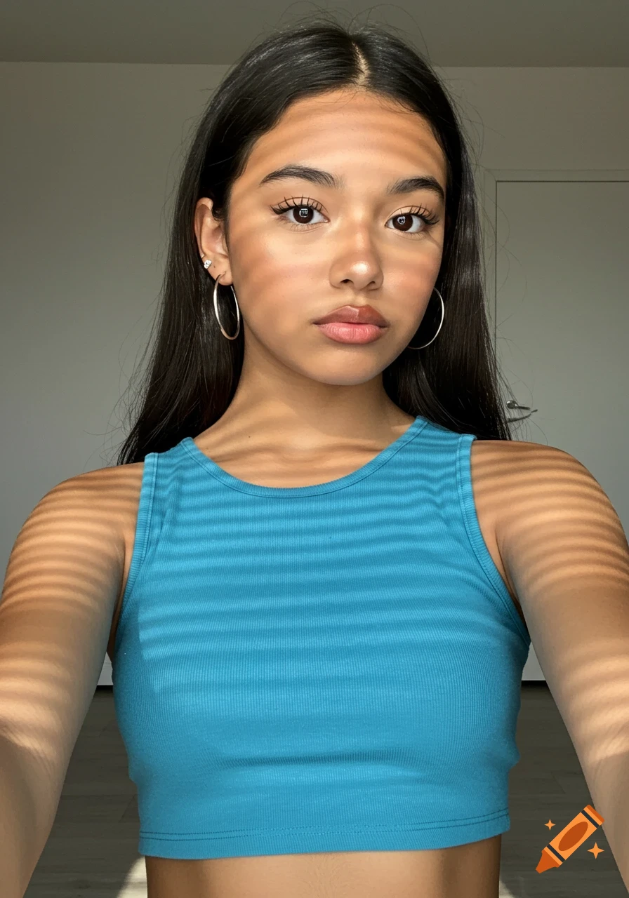 A close-up selfie of a young Hispanic woman with long dark hair, wearing a teal ribbed crop top and hoop earrings, with window shadows across her face and body.