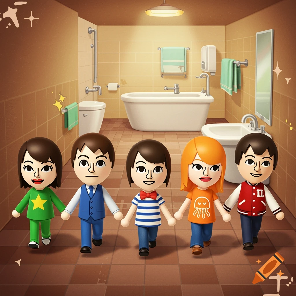 Five cartoon Mii-style characters holding hands and walking in a bathroom, featuring a toilet, bathtub, and sink. They wear various casual outfits.