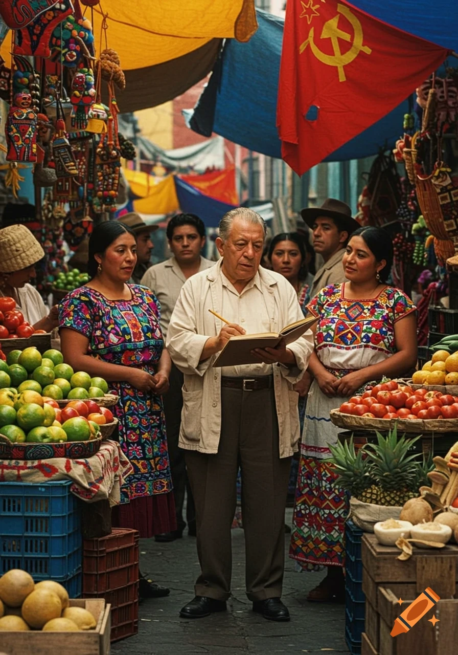 A man with a pencil and sketchbook stands in a vibrant, bustling outdoor market, surrounded by vendors and colorful goods, beneath a red communist flag.