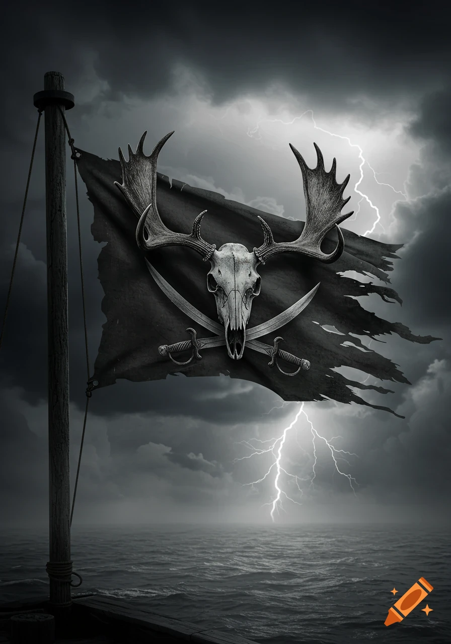A black and white tattered pirate flag with a moose skull and crossed swords flying over a stormy sea with lightning.