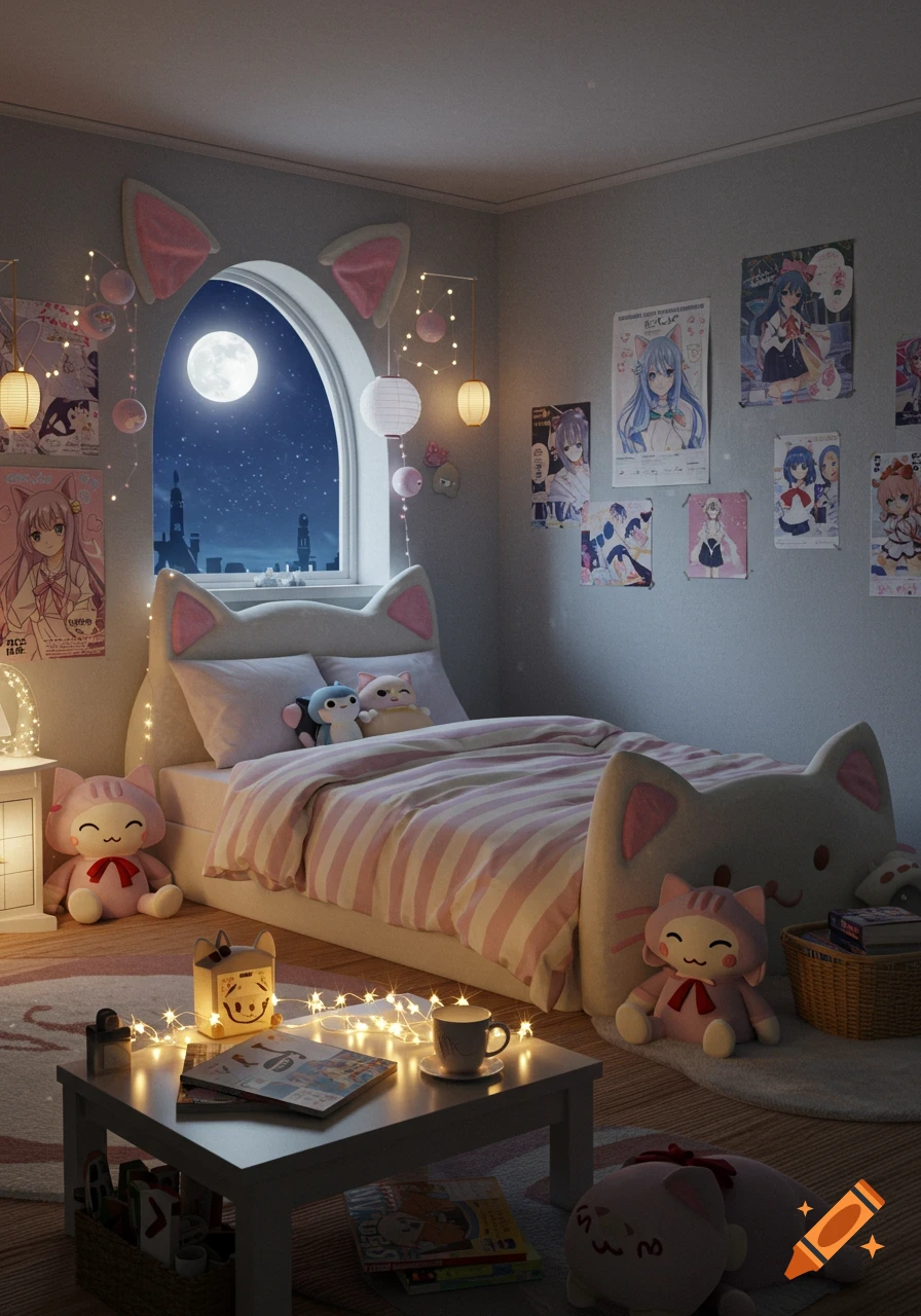 A cozy, anime cat-themed bedroom at night, featuring a cat-eared bed, string lights, anime posters, plush toys, and a full moon visible through the window.