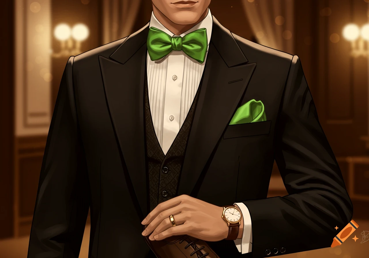 Close-up illustration of a man in a black tuxedo with a green bow tie and pocket square, wearing a gold watch and ring.