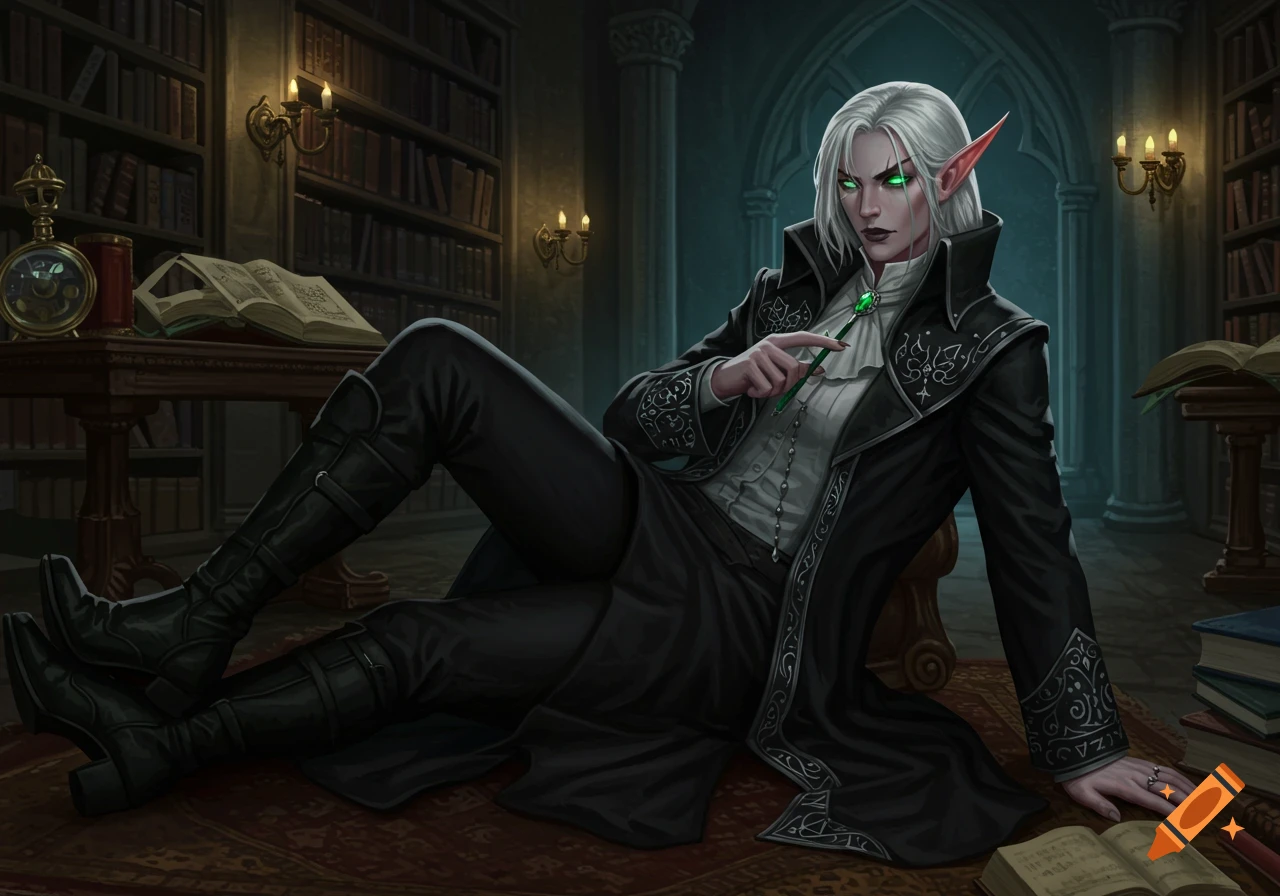 An elf with white hair and glowing green eyes lounges in a dark, gothic library, dressed in a long black coat.