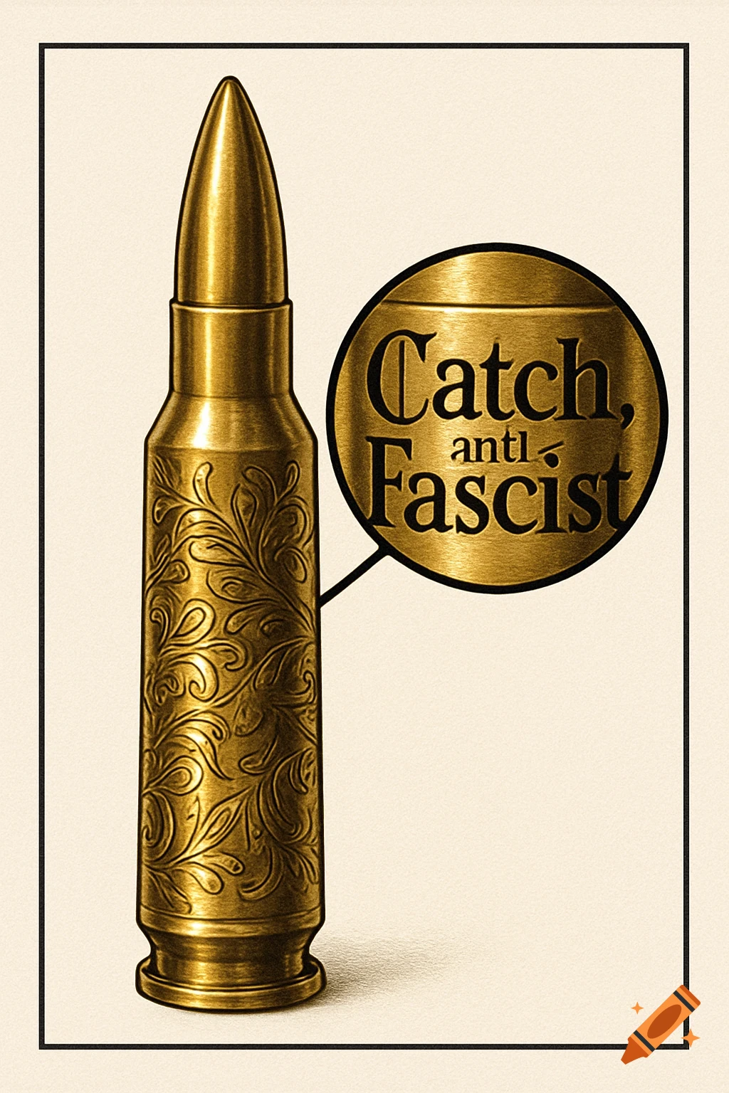 A golden bullet cartridge with an ornate filigree pattern. A magnified circle shows the text "Catch, anti-Fascist" on the cartridge.