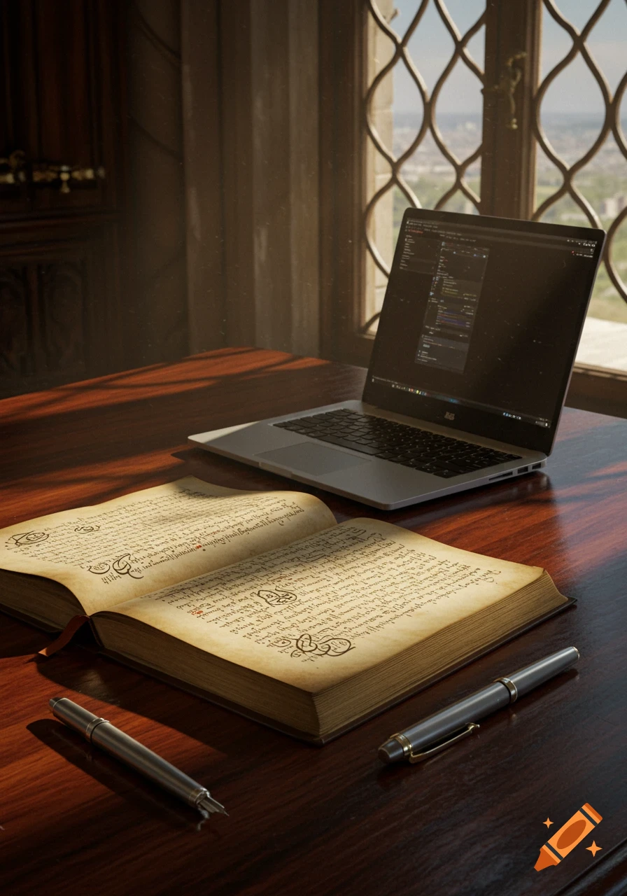 An open manuscript and two pens lie on a polished wooden desk next to a laptop, illuminated by sunlight from an ornate window.