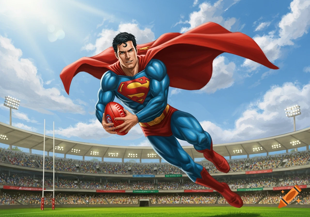 Superman in his classic suit and red cape flying dynamically over an AFL stadium, holding an Australian Rules Football.