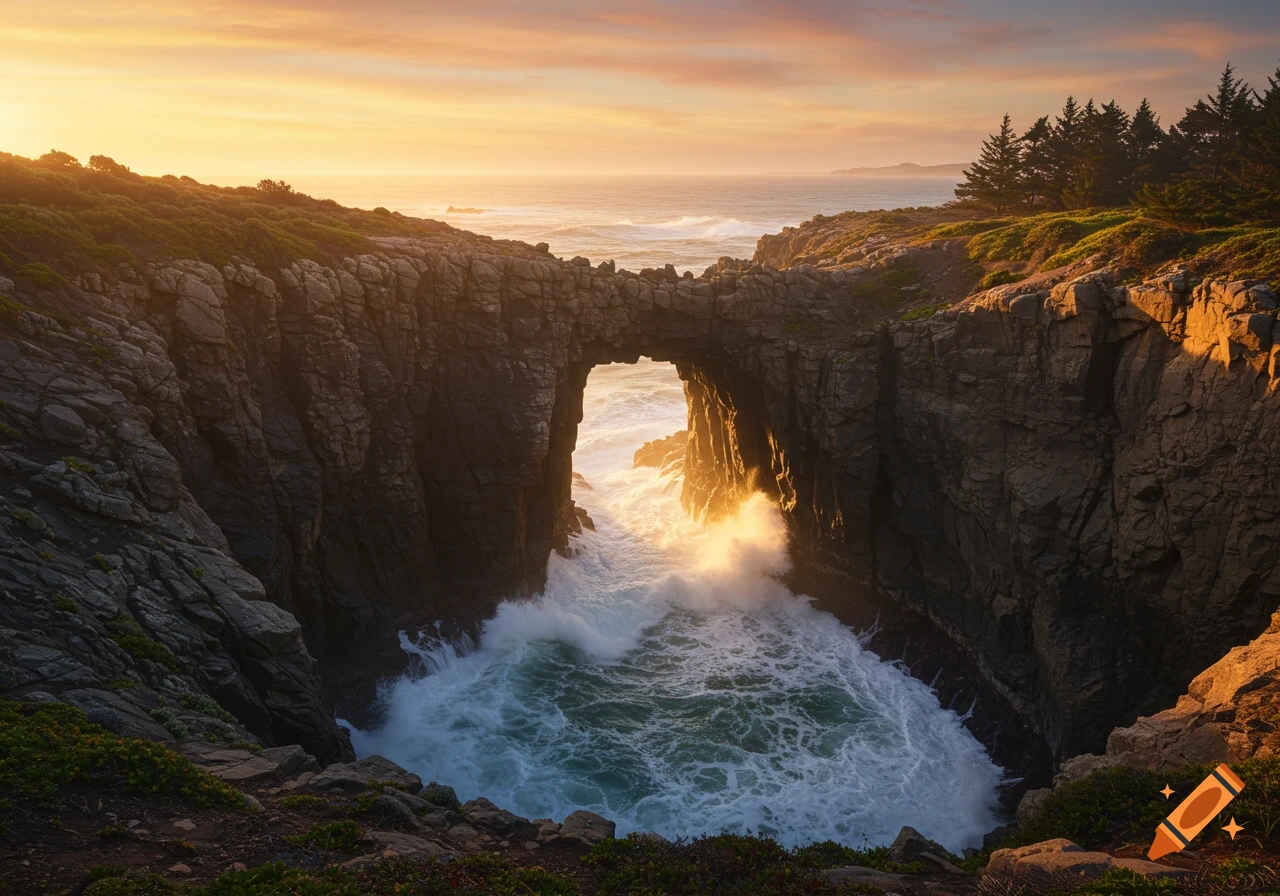 A photorealistic image of a natural rock arch over a turbulent ocean with waves crashing during sunset.