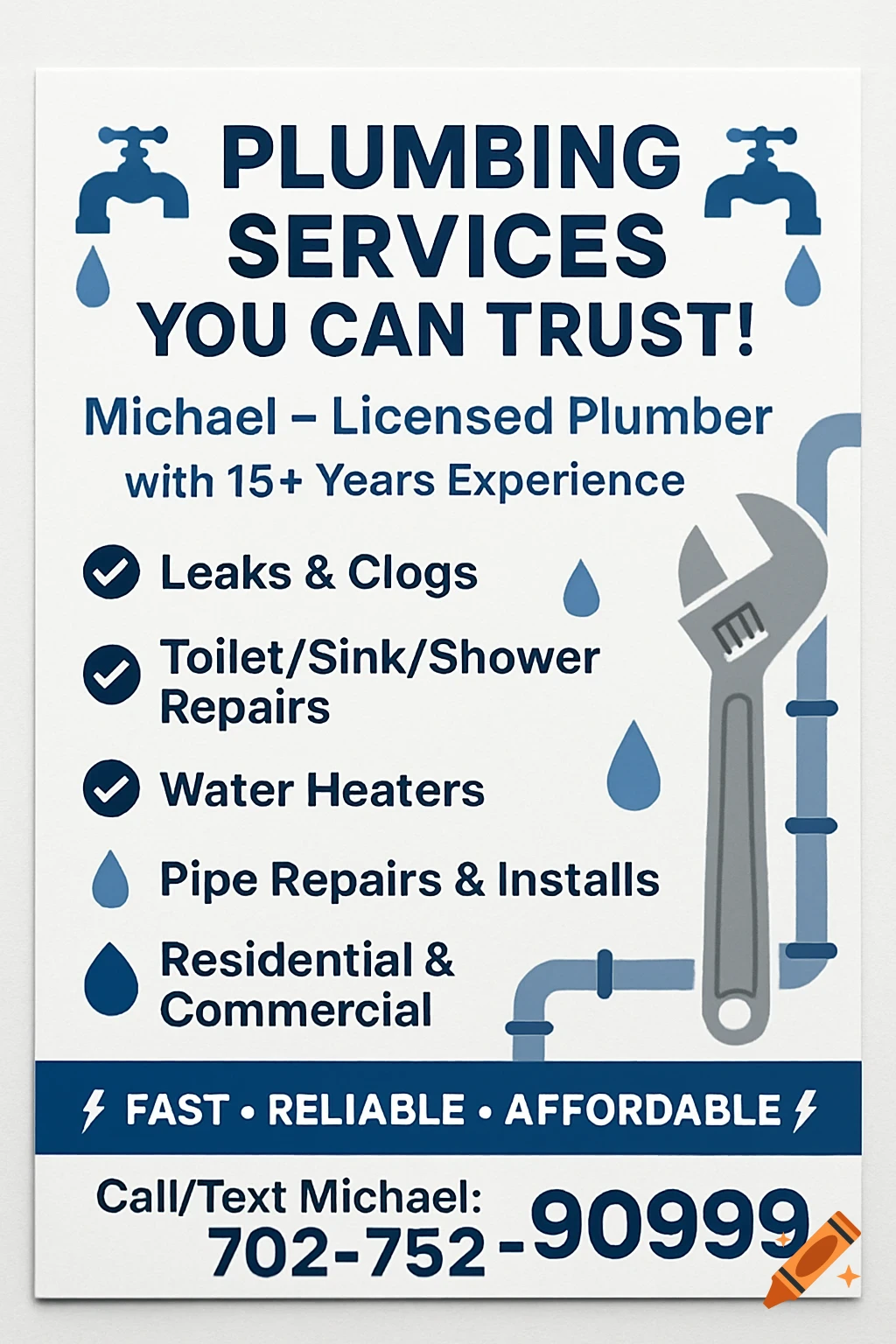 A blue and white flyer advertising plumbing services, featuring text, checkmarks, water drops, a wrench, and a phone number.