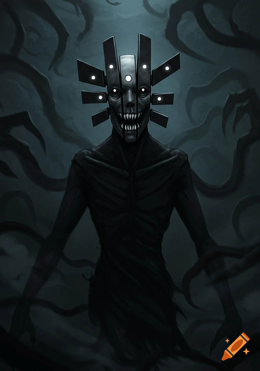 Dark, skeletal humanoid monster with a segmented metallic mask, sharp teeth, and glowing eyes, surrounded by shadowy tendrils in a digital art style.