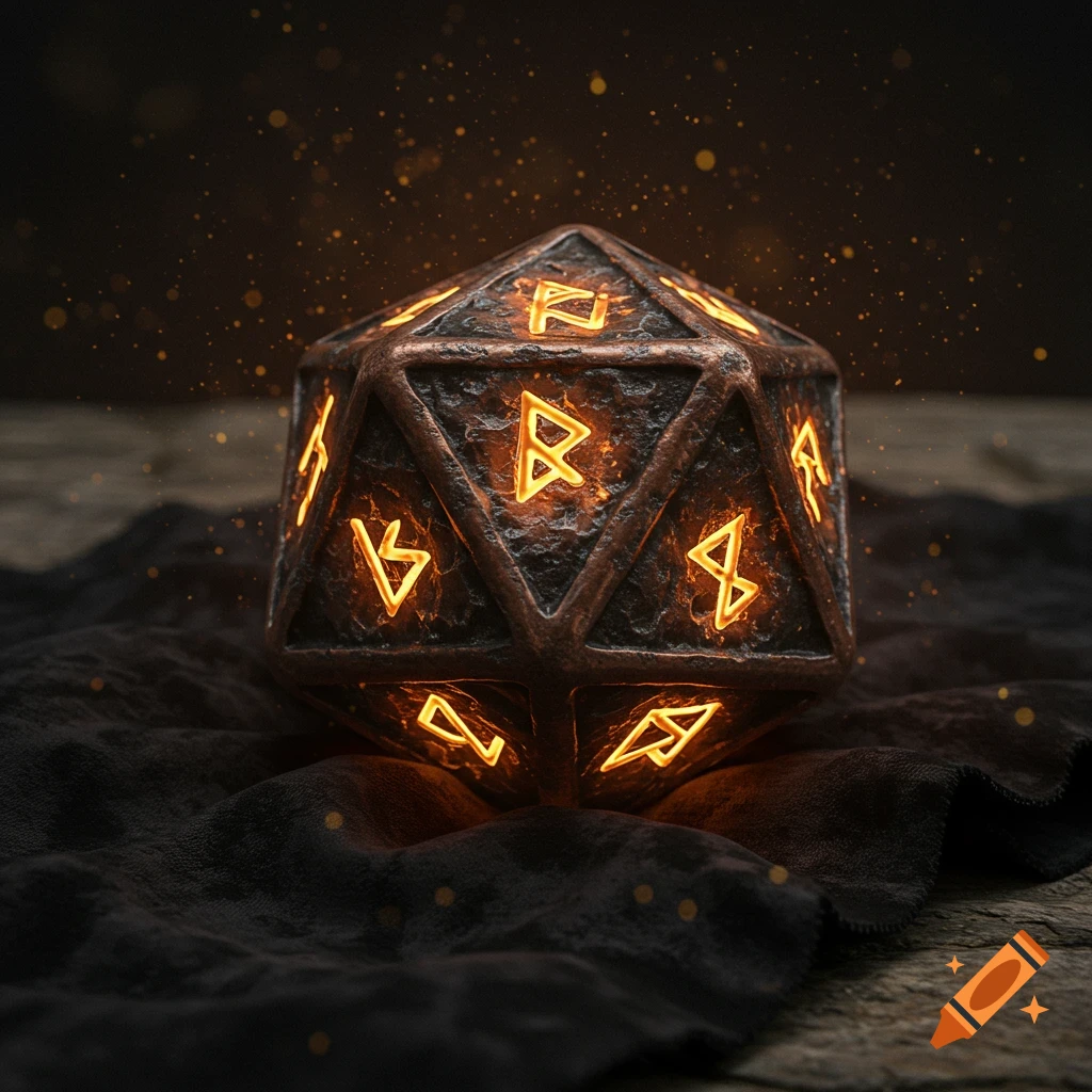 A glowing, weathered, bronze-colored D20 die with orange runic symbols, resting on a dark cloth.
