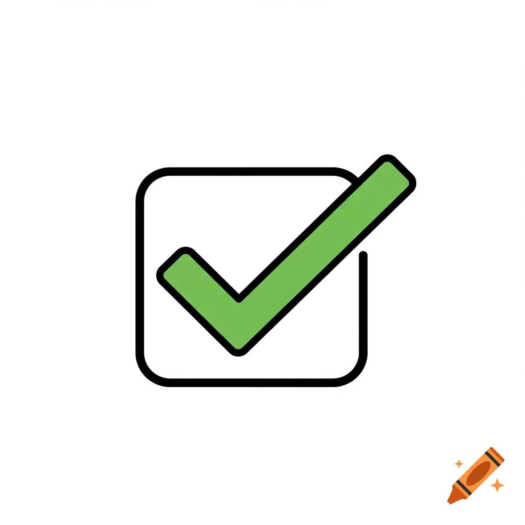 Green checkmark icon in a square outline on a white background, flat illustration style.