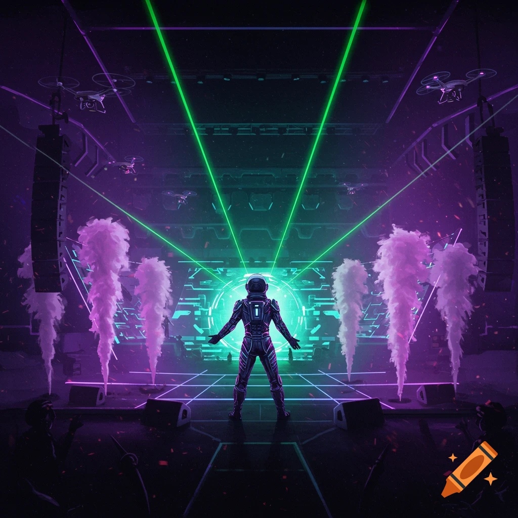 An astronaut stands on a futuristic stage bathed in green laser light and purple smoke, with drones hovering above.