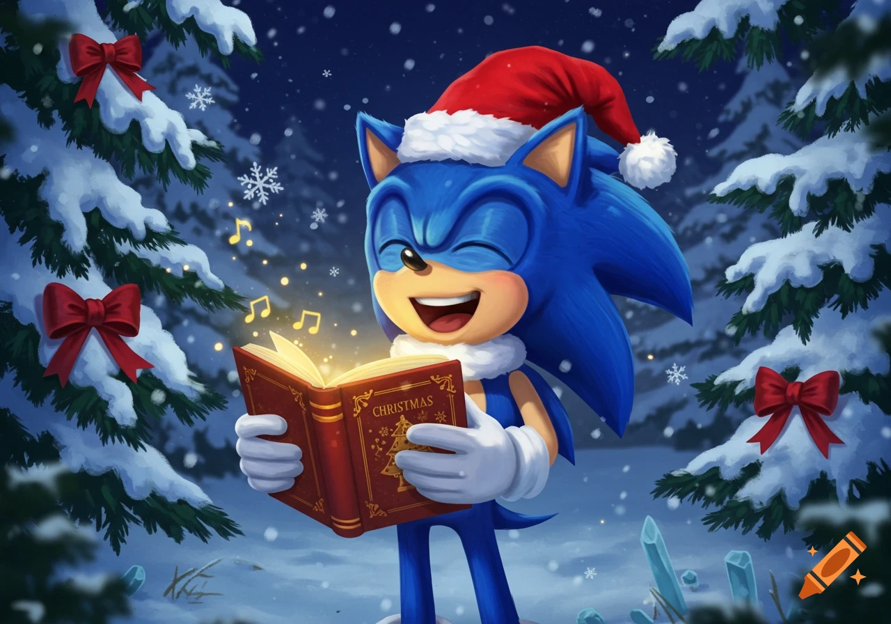 Cartoon Sonic the Hedgehog in a Santa hat sings from a glowing Christmas carol book in a snowy forest at night.