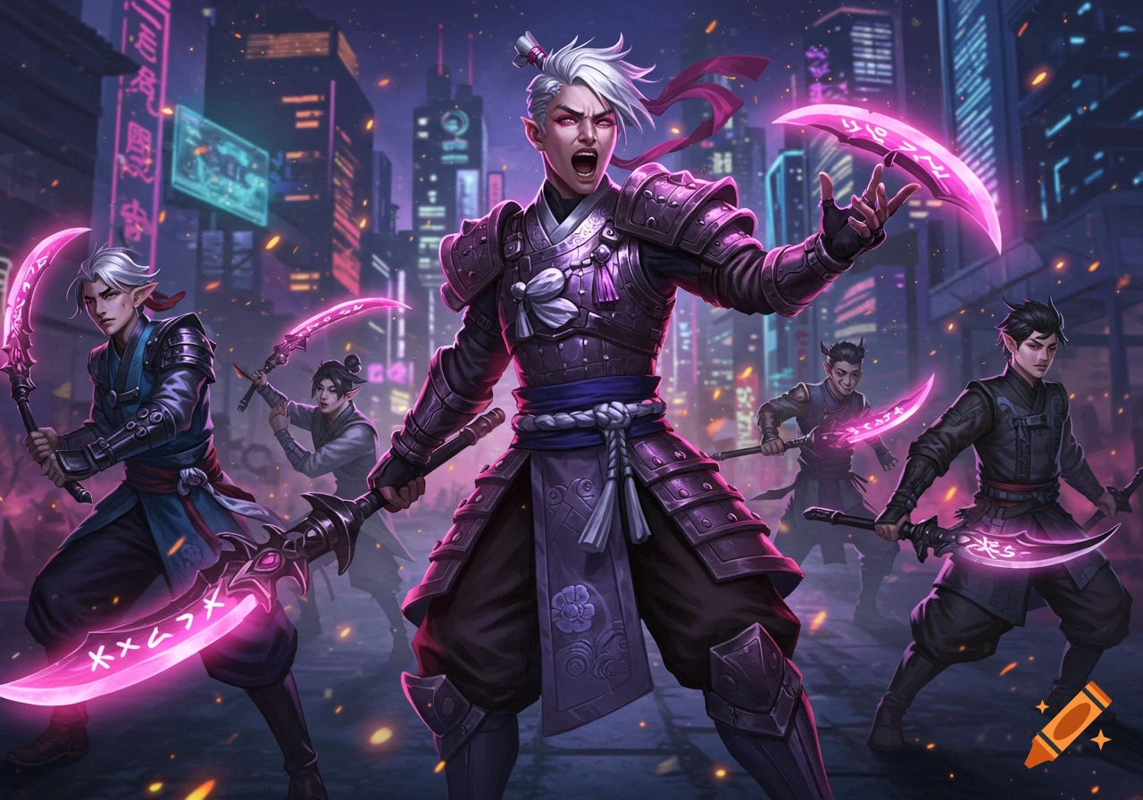 A group of anime-style demon hunters with glowing pink crescent blades in a neon-lit futuristic city at night.