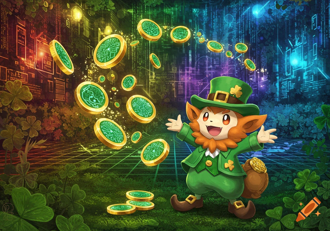 A cheerful, cartoon leprechaun-like character in a green suit throws glowing circuit board coins amidst shamrocks and digital code.