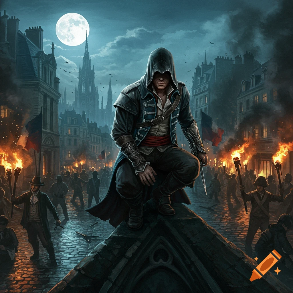 Hooded assassin crouches on a rooftop overlooking a dark, moonlit revolutionary city street with a torchlit crowd.