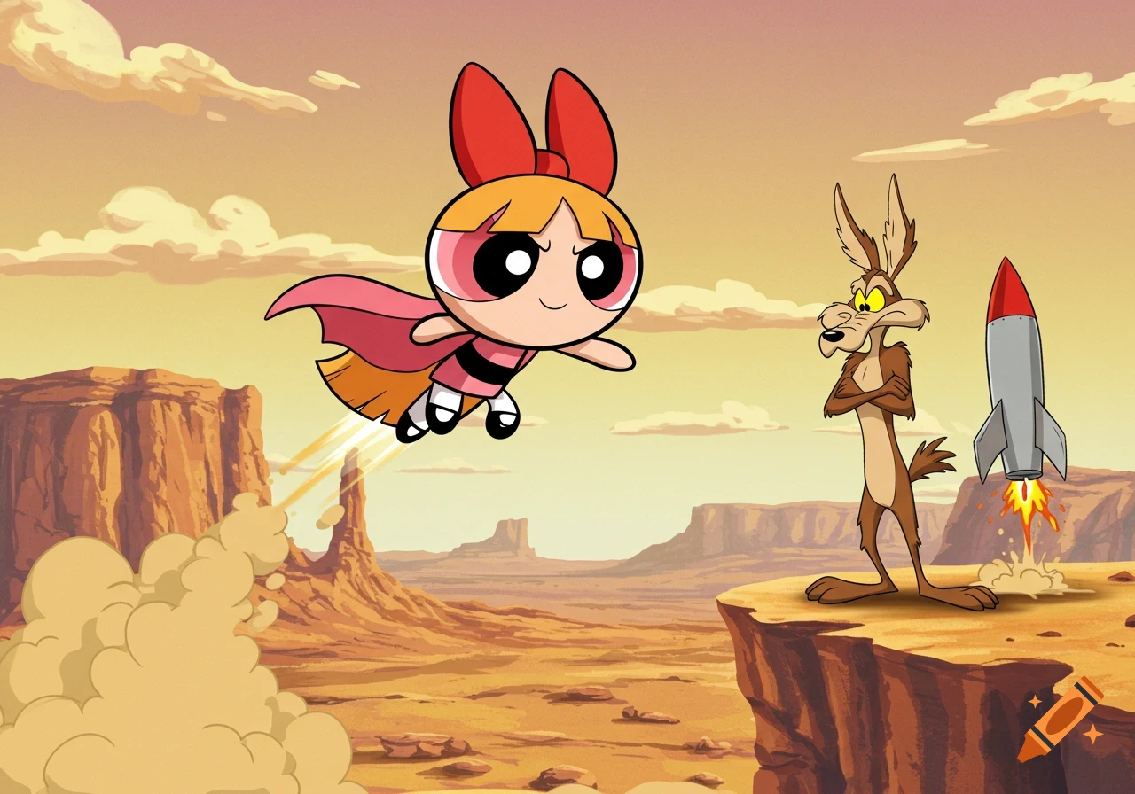 Blossom from The Powerpuff Girls flies over a desert landscape, leaving a dust trail, as Wile E. Coyote stands on a cliff next to a launching rocket.