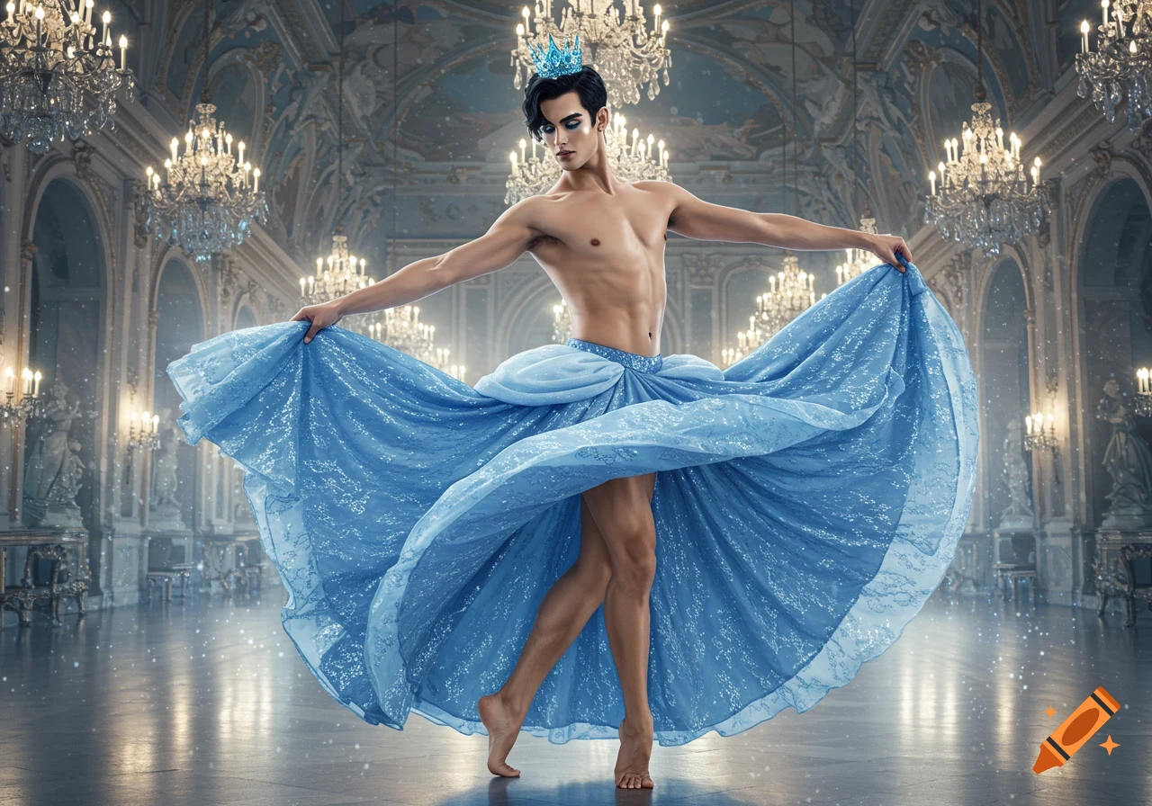 A shirtless man with a blue crown and a flowing blue, sparkly skirt dances in a grand ballroom with chandeliers.