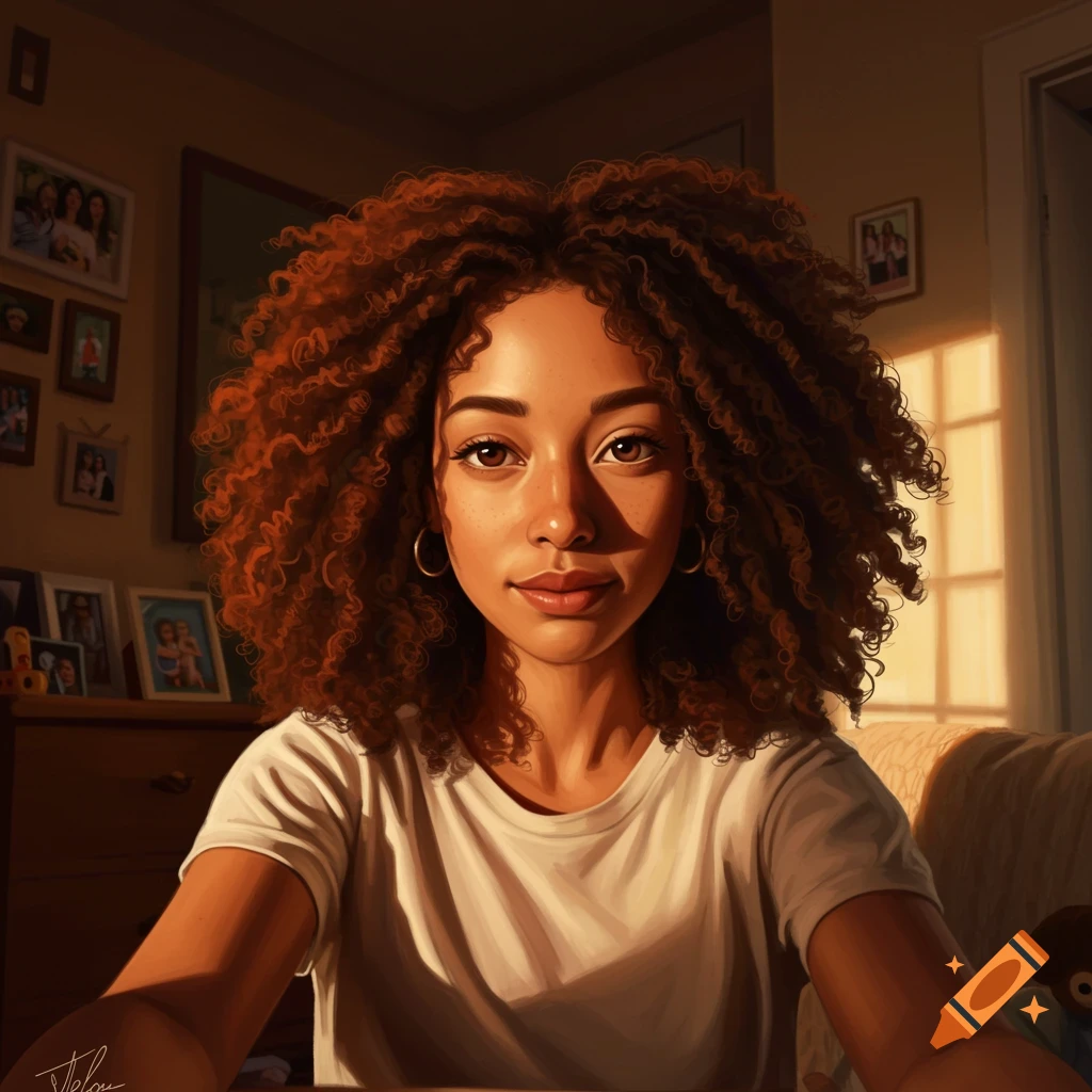 A digital portrait of a young mixed-race woman with curly brown hair, looking directly at the camera in a warmly lit room.