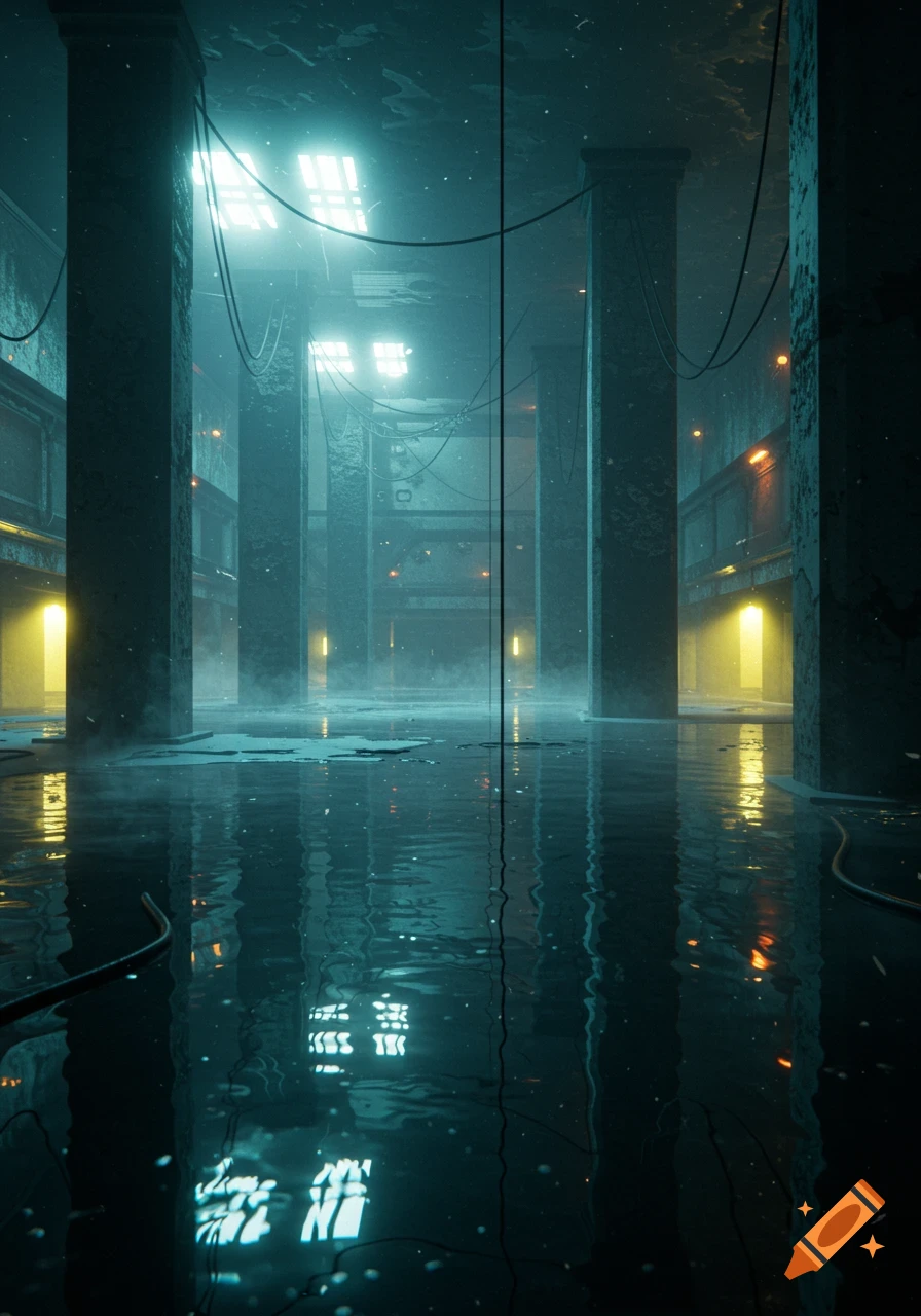 Dark, flooded, abandoned concrete hall with large pillars, misty atmosphere, and glowing light reflections in water.