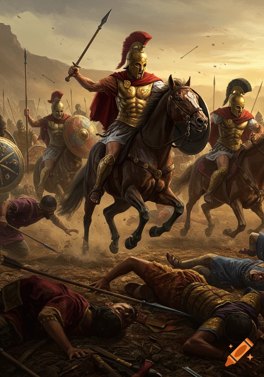 Macedonian cavalry charges across a chaotic, dust-filled ancient battlefield with fallen Persian soldiers, depicted in a cinematic painting style.