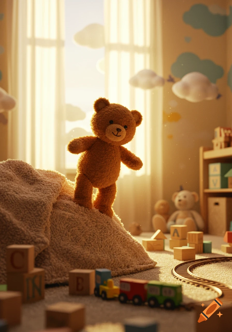A cute brown teddy bear stands on a blanket in a sunny child's room with wooden blocks and a toy train.