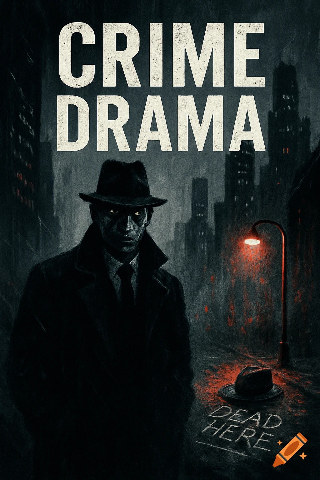 Gritty, noir-style illustration of a man in a fedora and trench coat in a dark city street, with 'CRIME DRAMA' and 'DEAD HERE' text.