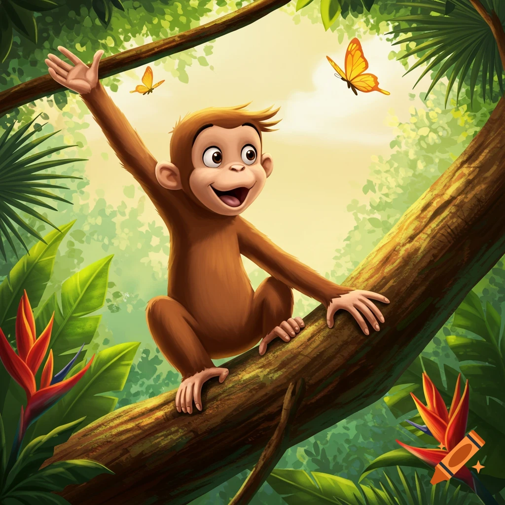 Cartoon monkey Curious George waves from a jungle tree branch, smiling at yellow butterflies and tropical flowers.