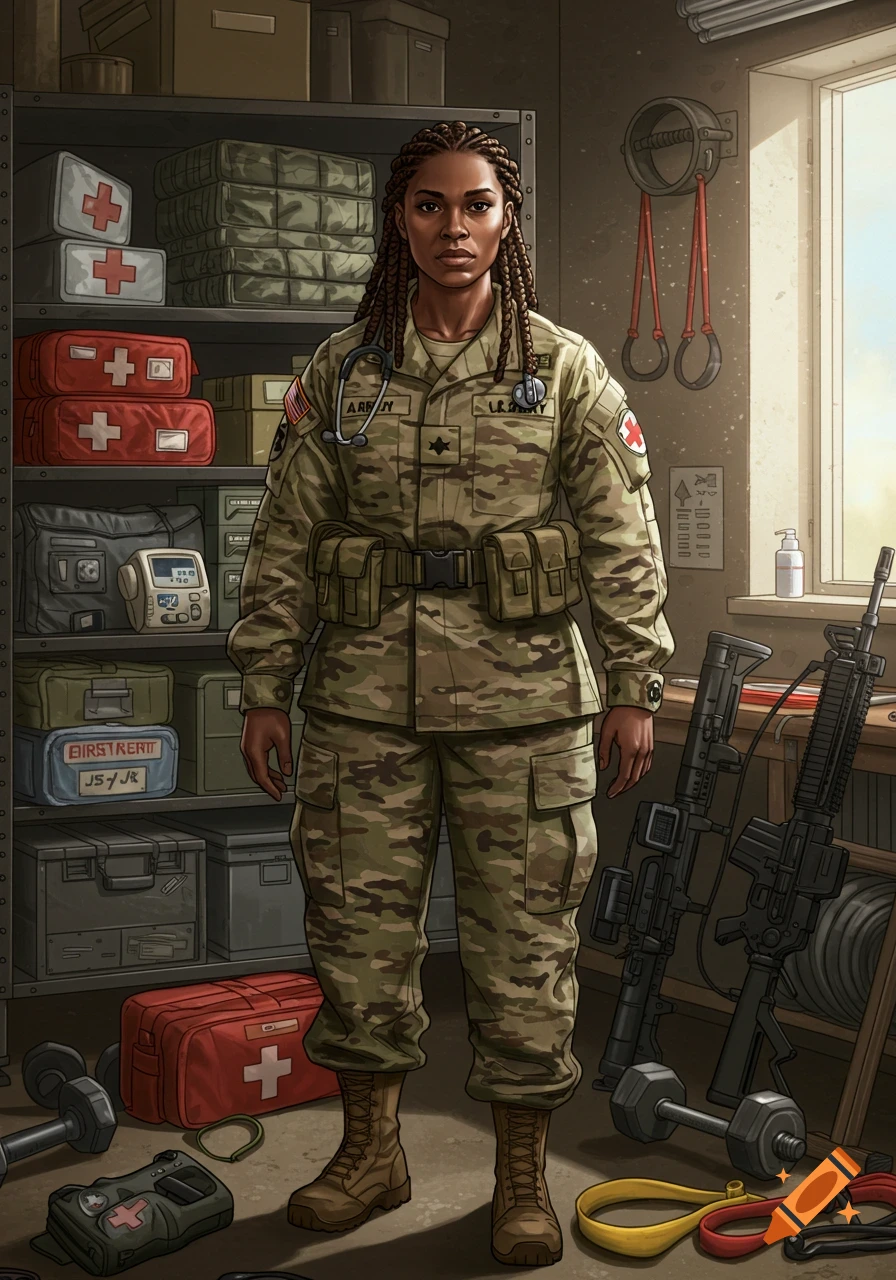 Illustrated Black female U.S. Army Sergeant in uniform, standing among medical supplies, fitness gear, and military weapons in a room.