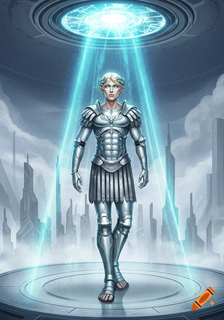 Young man in futuristic Roman armor stands under a blue beam of light in a futuristic city, digital art.