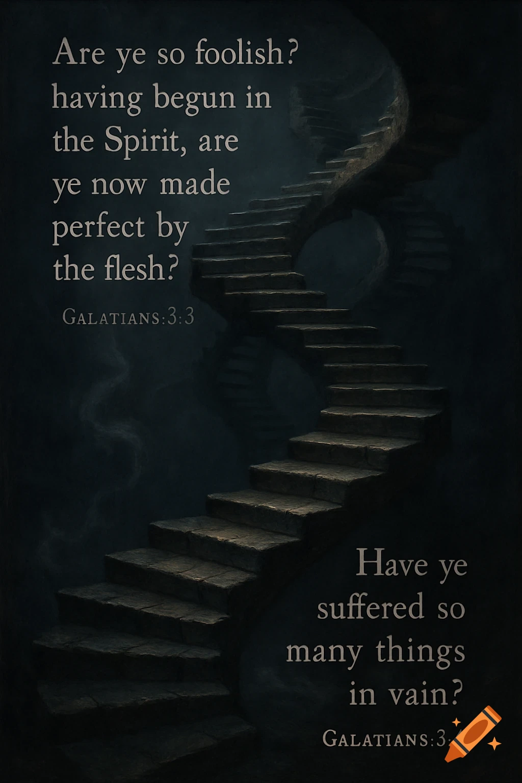 A dark, somber spiral stone staircase ascends into a misty void, with bible verses from Galatians 3:3 and 3:4 overlaid on the image.