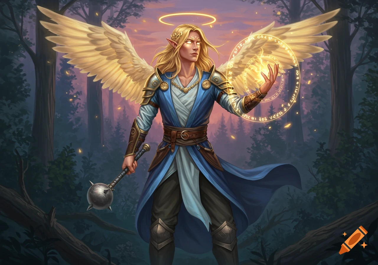 A blonde male Aasimar with glowing eyes and wings, wearing blue and white, holds a mace and casts a glowing healing spell in a forest.