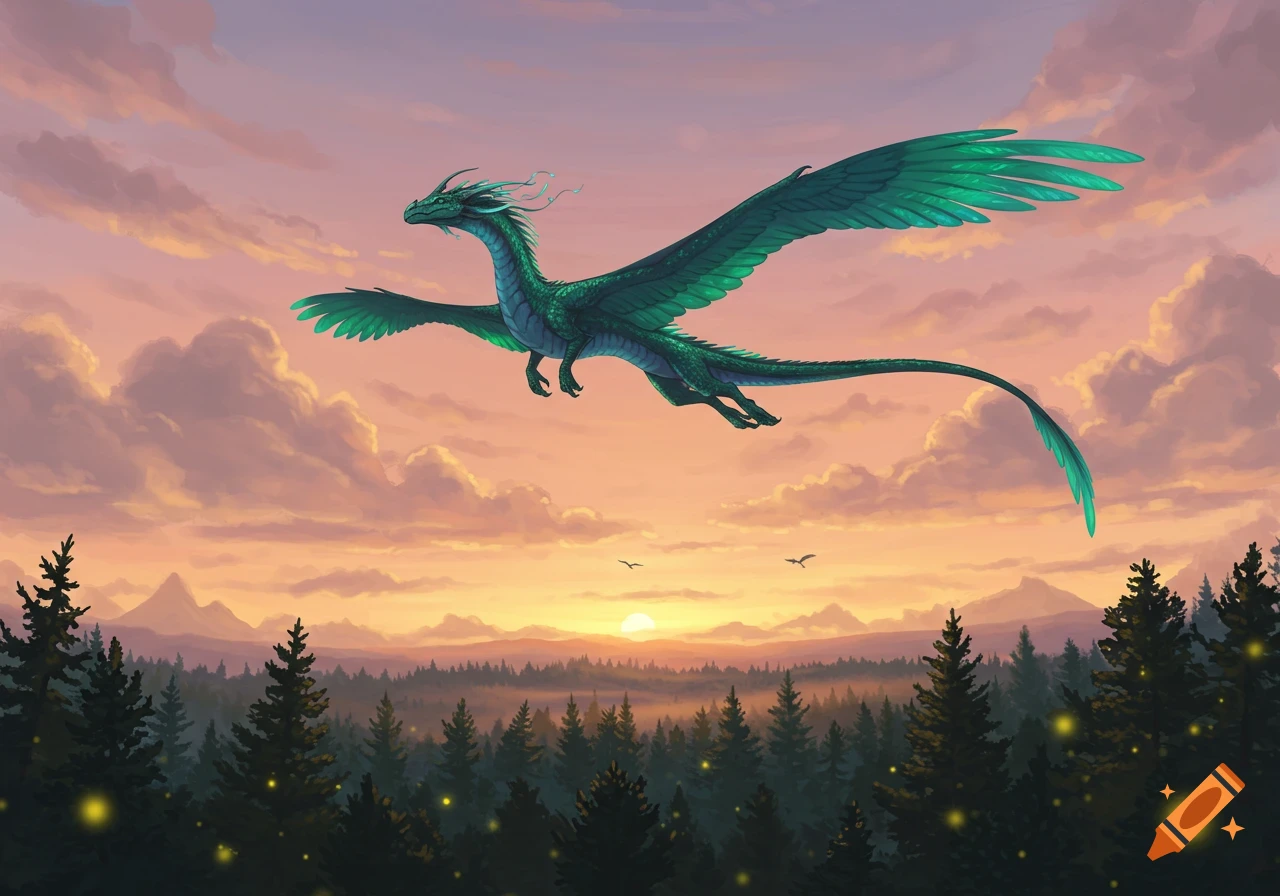 A majestic green dragon with feathered wings flies over a dark pine forest with glowing lights, under a vibrant sunset sky with mountains.