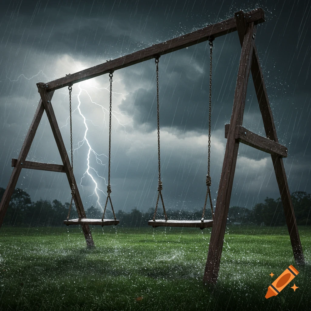 A photorealistic wooden swing set in a grassy field during a heavy rainstorm with lightning in the dark sky.