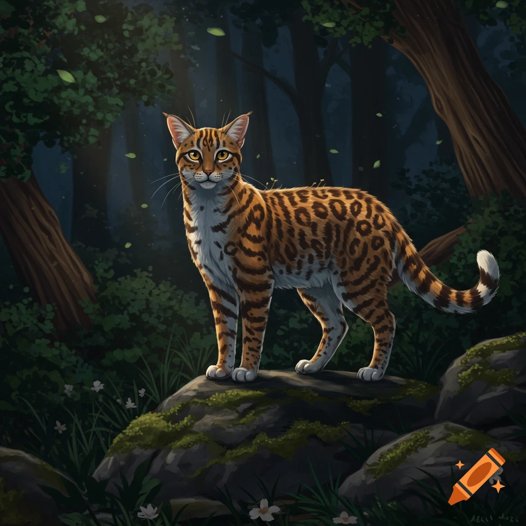 An illustration of a spotted cat with striped legs standing on mossy rocks in a dark forest with falling leaves.