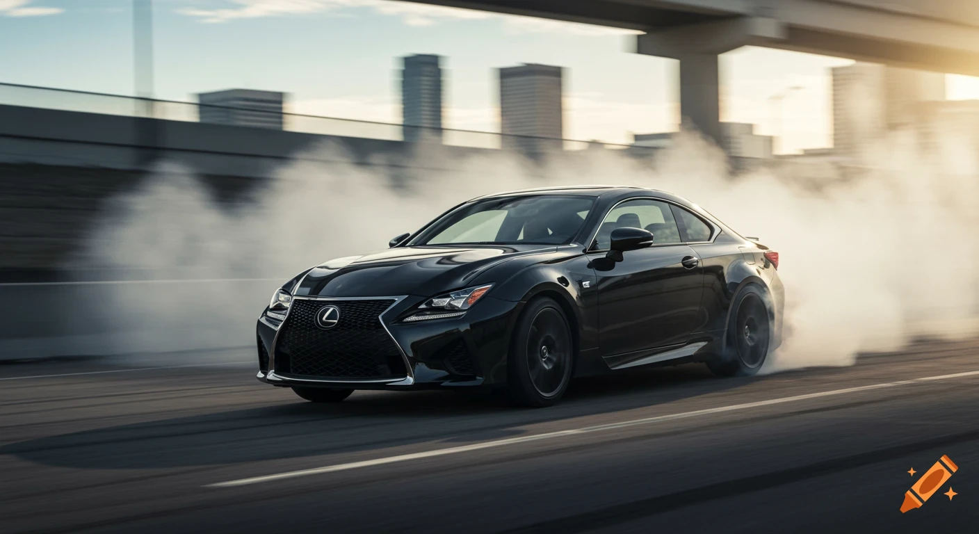 Photorealistic black Lexus RCF sports car drifting, surrounded by smoke on a highway with motion blur, city background at sunset.
