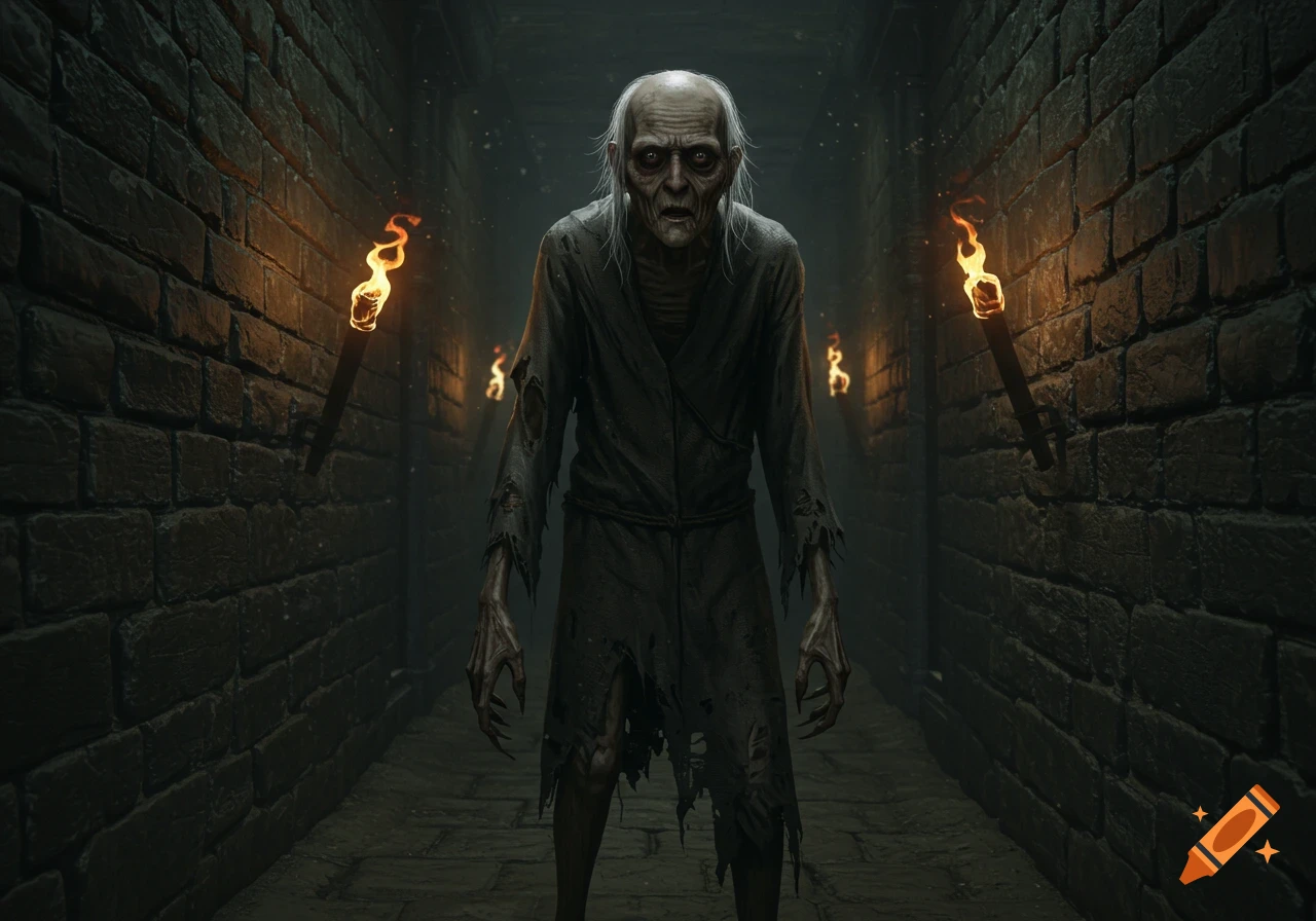 A creepy, gaunt, old creature with long white hair and torn clothes stands in a dark, torch-lit stone dungeon corridor.