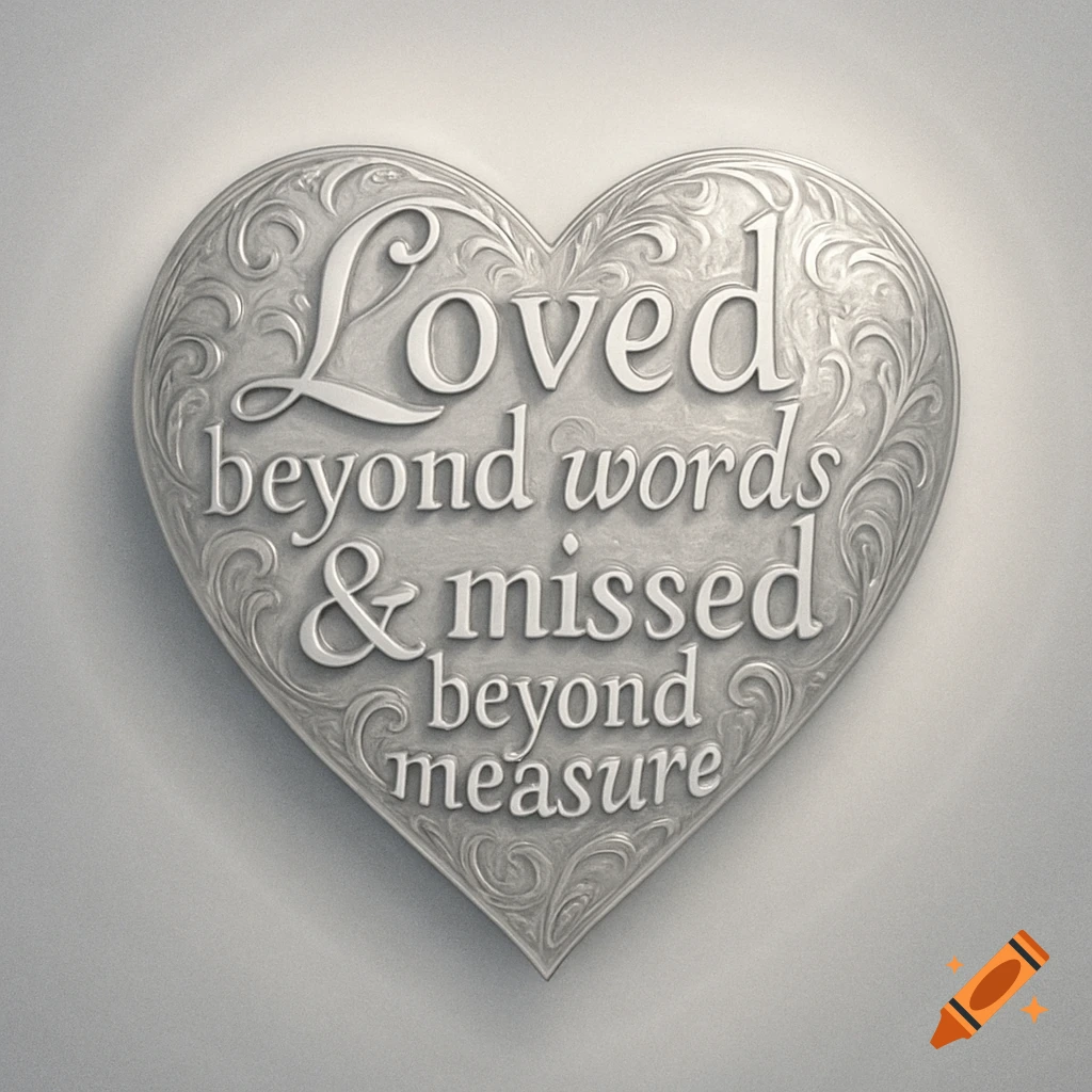 An ornate silver heart with the embossed text 'Loved beyond words & missed beyond measure' on a light background.